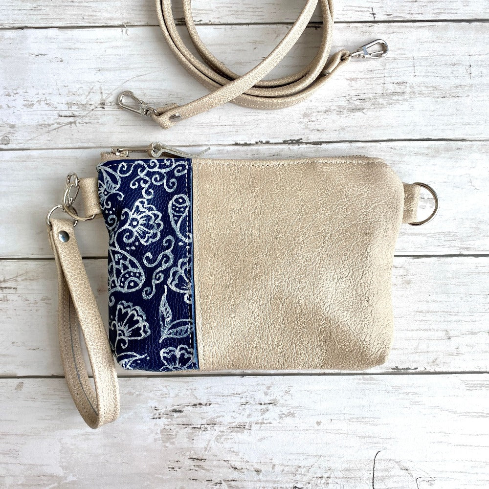 Wristlet in Hand Painted Floral Navy, Wheat, Crossbody Strap