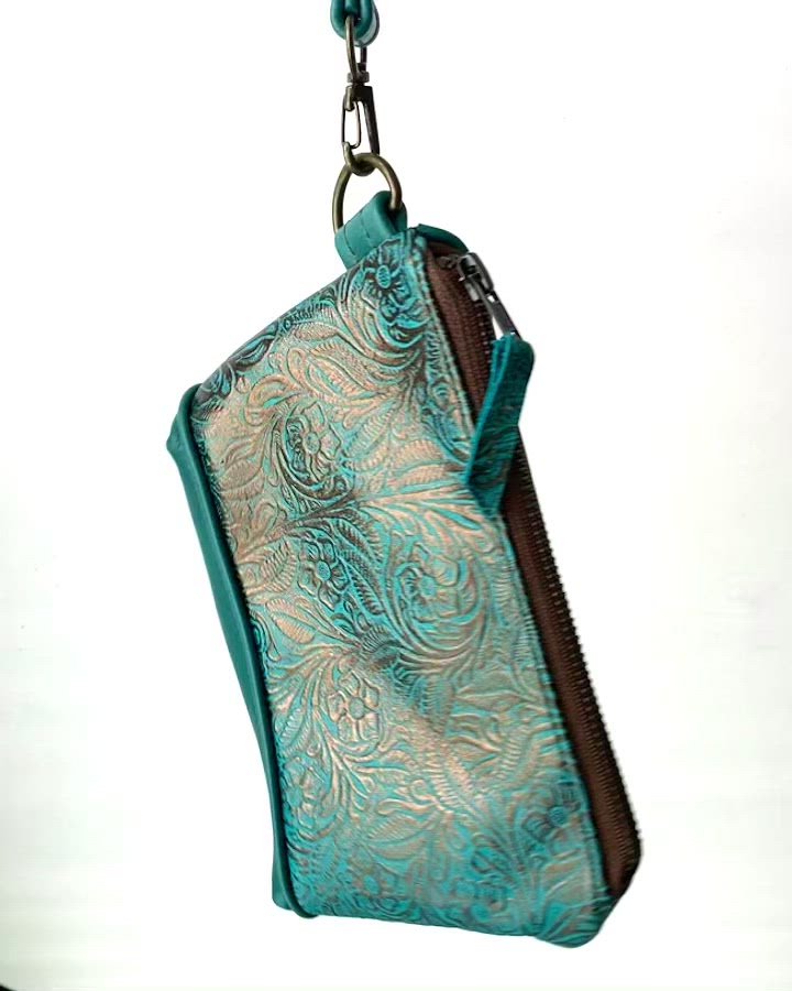 Wristlet in Turquoise Floral Leather