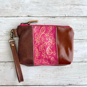 Wristlet in Hand Painted Floral in Hot Pink, Chestnut, Cognac