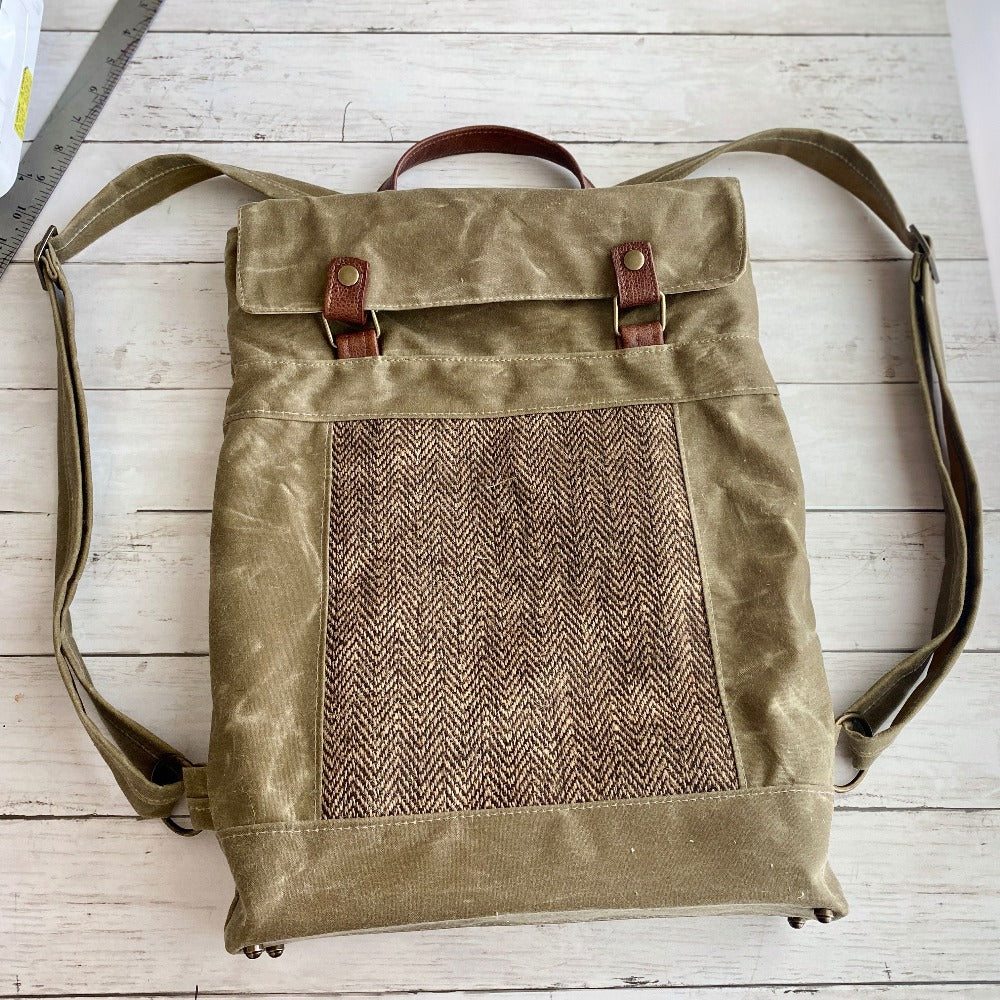 Backpack in Sepia Waxed Canvas, Coffee Bean Tweed, Chestnut