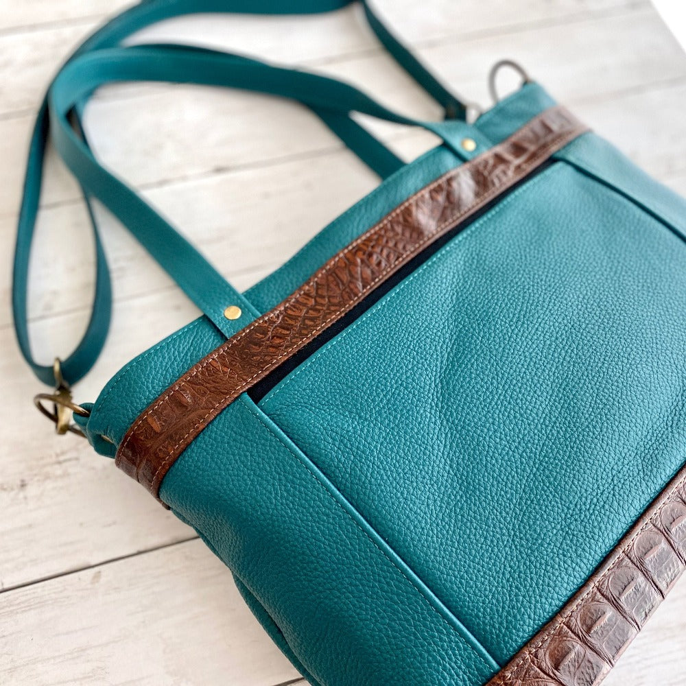 Archive Mini in Teal Leather, Brown Croc Embossed