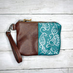 Load image into Gallery viewer, Wristlet in Hand Painted Floral Turquoise, Chestnut, RTS
