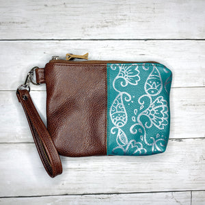 Wristlet in Hand Painted Floral Turquoise, Chestnut, RTS