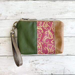 Wristlet in Hand Painted Floral Olive, Metallic Pink, Almond, Smoke