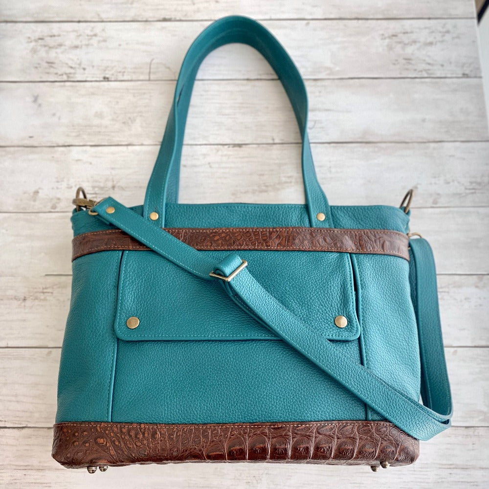 Archive Mini in Teal Leather, Brown Croc Embossed